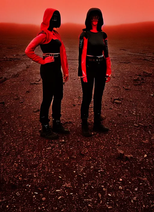 Image similar to cinestill 5 0 d photographic portrait of two loving female androids wearing rugged black techwear on a desolate plain with a red sky, extreme closeup, lizard on ground, cyberpunk style, in front of a brutalist dark metal facility, dust storm, 3 5 mm, f / 3 2, ultra realistic faces, 8 k, hd, high resolution