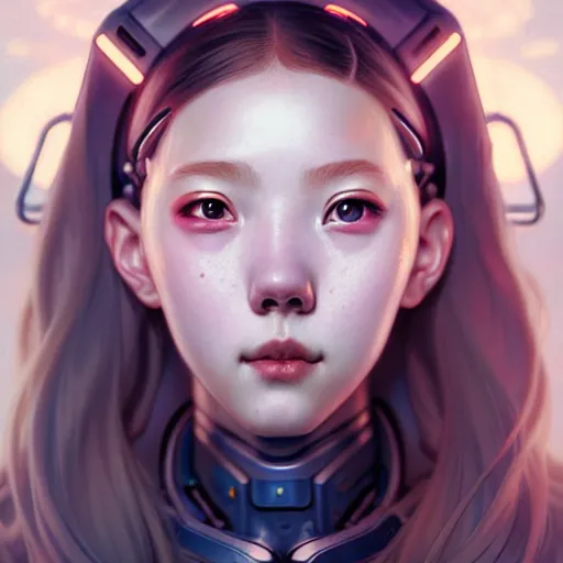 Image similar to portrait painting of a cute cyborg chuu loona kpop smiling cheerfully, ultra realistic, concept art, intricate details, eerie, highly detailed, photorealistic, octane render, 8 k, unreal engine. art by artgerm and greg rutkowski and magali villeneuve and alphonse mucha