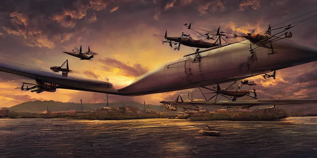 Image similar to Steampunk Air Haven, old school zeppelin, byplanes, landing platform digital Art, sunset lighting