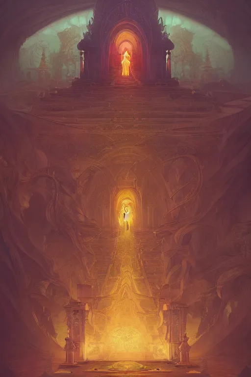 Prompt: the last temple of the shadow monk, coherent design, symmetrical, concept art, trending on artstation, vivid color, complementary color, golden ratio, detailed, sharp lines, intricate, rainbowshift, peter mohrbacher, gustave dore, maxfield parrish, alphonse mucha, deviantart, octane render