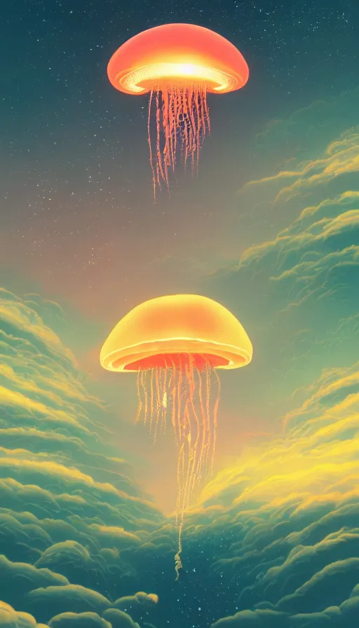 Prompt: little luminous jellyfish floating on cosmic cloudscape at sunset, futurism, dan mumford, victo ngai, kilian eng, da vinci, josan gonzalez