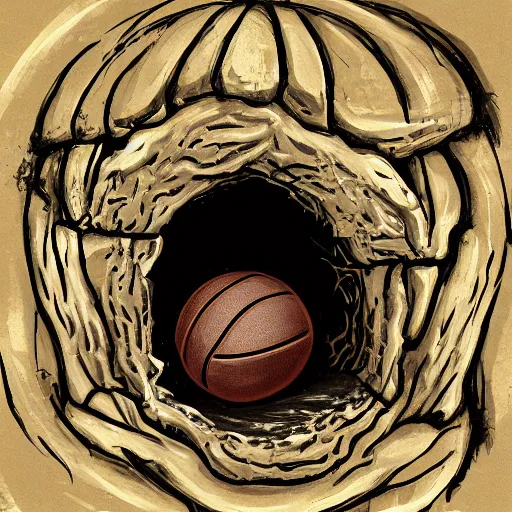 Image similar to a mimic jumping out of it's disguise as a basketball inside of a cave gnarling it's teeth ready to attack, fantasy, digital painting