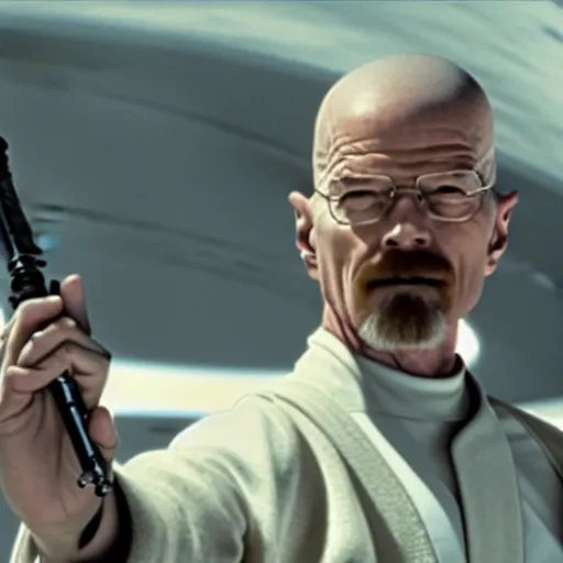 Image similar to A still of Walter White in Star Wars: A New Hope, holding an activated lightsaber