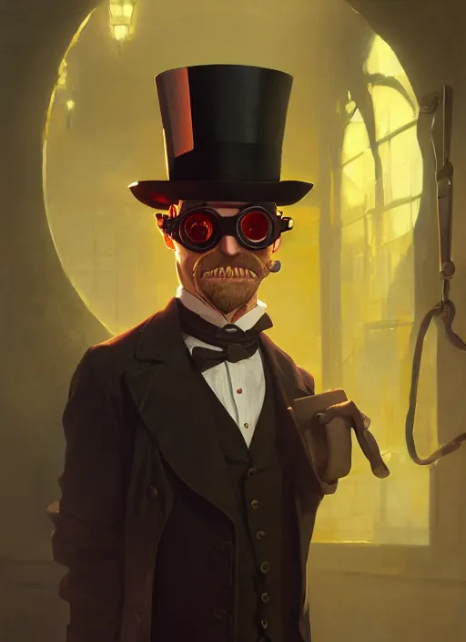 Image similar to highly detailed portrait of jack the ripper wearing goggles and a top hat, stephen bliss, unreal engine, greg rutkowski, loish, rhads, beeple, makoto shinkai and lois van baarle, ilya kuvshinov, rossdraws, tom bagshaw, tom whalen, alphonse mucha, global illumination, god rays, detailed and intricate environment