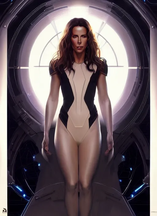 Image similar to symmetry!! portrait of kate beckinsale, sci - fi, gateway to another dimension, tech wear, glowing lights!! intricate, elegant, highly detailed, digital painting, artstation, concept art, smooth, sharp focus, illustration, art by artgerm and greg rutkowski and alphonse mucha