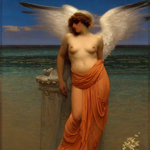 Prompt: angel emerging from veil of darkness by herbert james draper, sir lawrence alma - tadema, john william godward. oil painting on wood. 1 8 9 6. depction of atmospheric depth, grand scale, intricate.