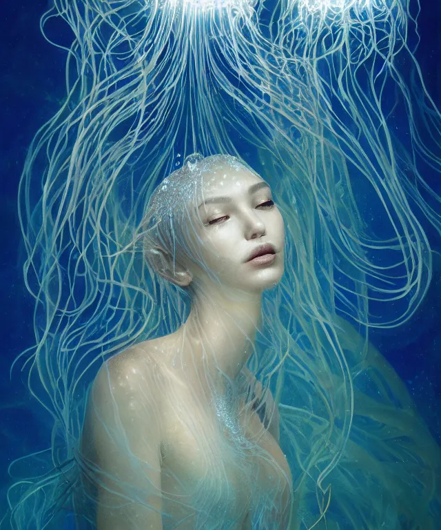 Image similar to underwater portrait of a goddess mermaid with (reaction diffusion) scaled fish skin Bioluminescent phoenix jellyfish, energy rays, Her breath shot a haze of steam out into the frosty morning air concept, soft light, soft mood, realistic body features and face, illustration,intricate ornament halo, painting oil on canvas by Elena Zhurikhina and Goro Fujita and Charlie Bowater, octane render trending on artstation, 4k, 8k, HD