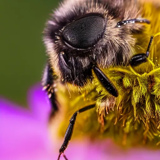 Image similar to macro photography of a bee landing on a high detailed dog's nose. pollen on the nose. bokeh. contest winning photography. 8 k. hyper - realistic