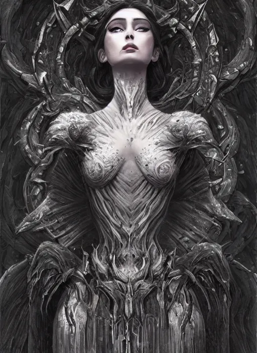 Prompt: a detailed full body portrait of frozen in stone black haired demon girl knelling in a highly detailed architecture, the queen of blades, diablo 4 queen, a beautiful face, by dorian cleavenger, greg rutkowski, wlop, astri lohne, zdzisław beksinski, bastien lecouffe - deharme trending on artstation