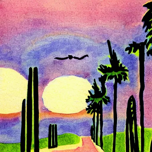 Prompt: a pink sunset in the style of a 1920's cartoon
