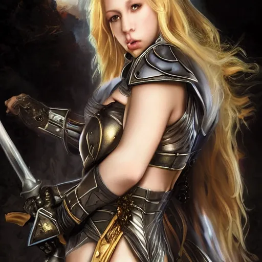 Image similar to kagney linn karter as a fantasy paladin woman, symmetrical portrait, holy glow, by Yoshitaka Amano, Ruan Jia, Kentaro Miura, Artgerm, 8k