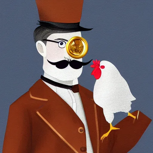 Image similar to a chicken butler with a fancy mustache and a monocle, high detail, digital art,