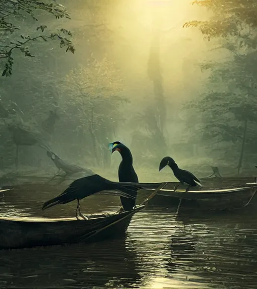 Image similar to three long legs long beak crows in a little boat in a swamp, volumetric lighting, majestic light, octane render, ethereal glare of the sun, hyperrealistic, epic, masterpiece, by greg rutkowski