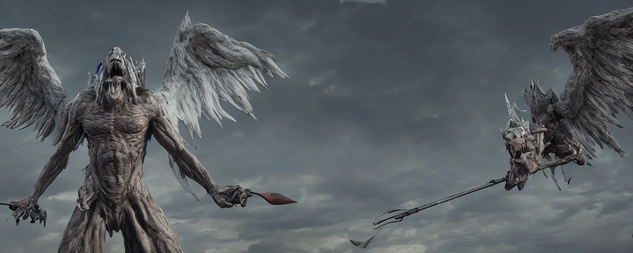 Prompt: cinematography picture of monster with angel wings, no eyes, long jaw, holding a spear, 8k, unreal engine 5, ps5, hyperrealistic, artstation, highly detailed