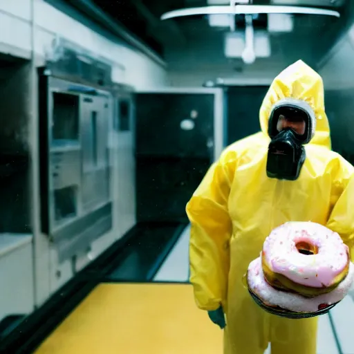 Prompt: a man wearing a hazmat suit holding a donut, arriflex lens