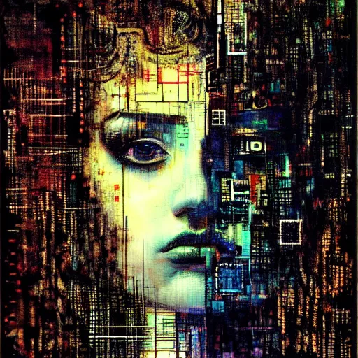 Prompt: portrait of a youthful beautiful women, mysterious, glitch effects over the eyes, sorrow, shadows, by Guy Denning, by Johannes Itten, by Russ Mills, centered, glitch art, innocent, hacking effects, chromatic, cyberpunk, colour blocking, oil on canvas, concept art, abstract