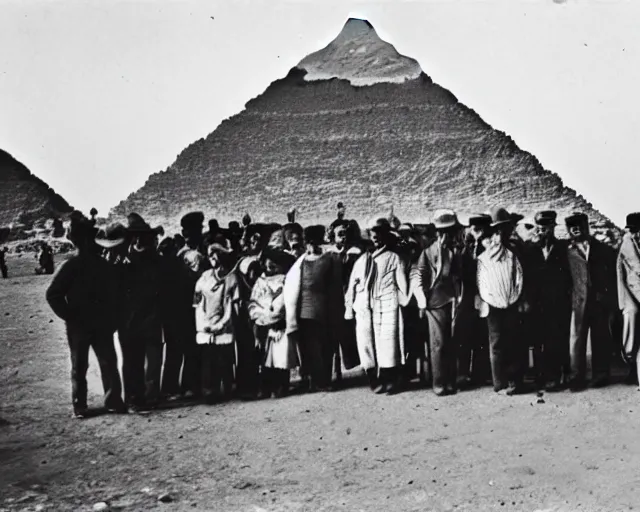 Prompt: a photo from the early 1900s of people standing in front of a UFO, behind them are the Pyramids at Giza