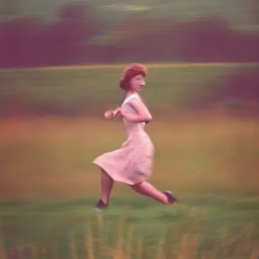 Image similar to kodachrome photo of a girl running through a field, in a dress, vintage, faded image, color bleed, grainy, motion blur, 1960s, 1950s