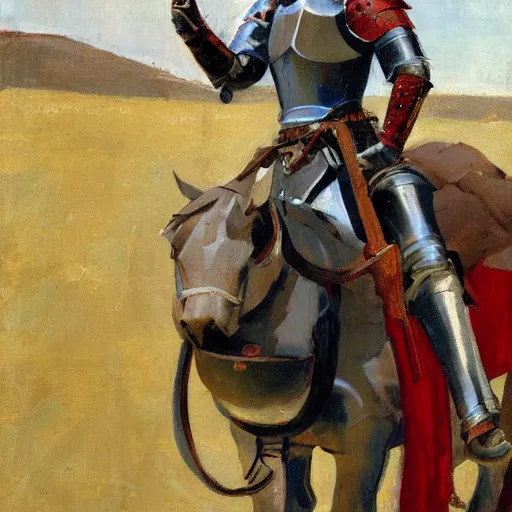 Image similar to portrait of medieval knight on horseback, with jousting gear by greg manchess, bernie fuchs, walter everett, lost edges