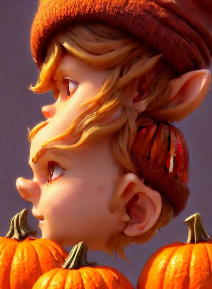 Image similar to hand drawn cute one gnomes face in autumn and pumpkin, detailed closeup face, concept art, low angle, high detail, warm lighting, volumetric, godrays, vivid, beautiful, trending on artstation, art by artgerm and greg rutkowski and alphonse mucha