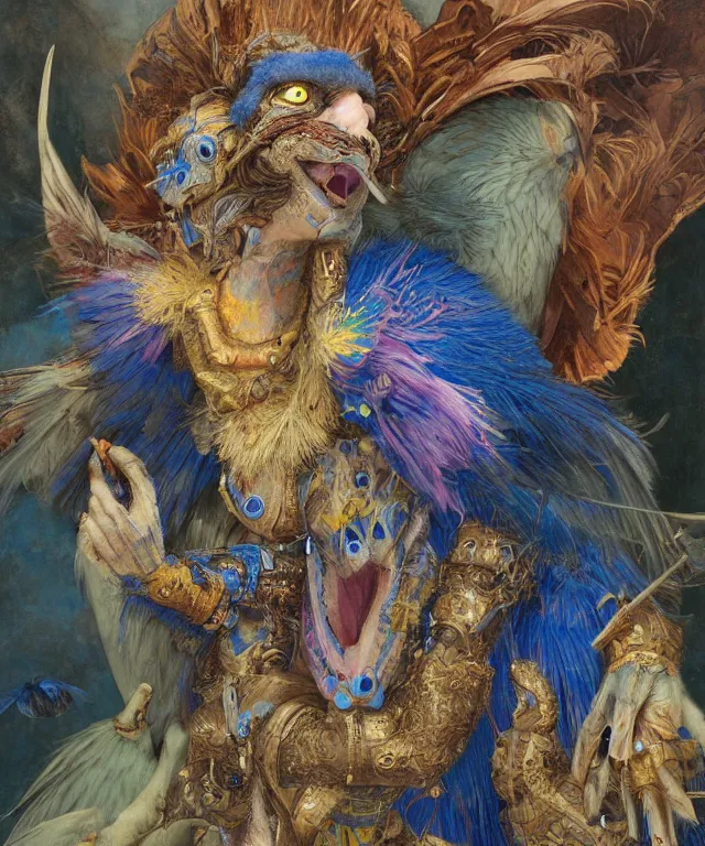 Prompt: a portrait photograph of a meditating fierce sadie sink as a colorful harpy bird super hero with blue fur. she is mutated and has alien skin grafts and cyborg body modifications. by donato giancola, hans holbein, walton ford, gaston bussiere, peter mohrbacher and brian froud. 8 k, cgsociety, fashion editorial