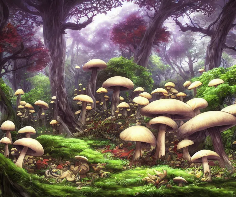 Prompt: mushroom in a forest, anime fantasy illustration by tomoyuki yamasaki, kyoto studio, madhouse, ufotable, comixwave films, trending on artstation