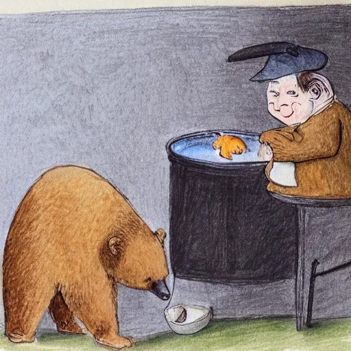 Prompt: a grumpy human man in a bear costume, holding a goldfish inside a bowl. watercolour with pencil, in the style of beatrix potter.