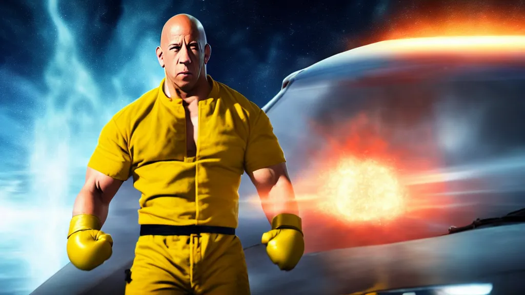 Prompt: extreme wide shot of vin diesel as saitama!!! punching!!! a car!!!!!! into space, ultra realistic, lens flare, atmosphere, glow, detailed, intricate, full of colour, cinematic lighting, trending on artstation, 4 k, hyperrealistic, focused, extreme details, unreal engine 5, cinematic, masterpiece