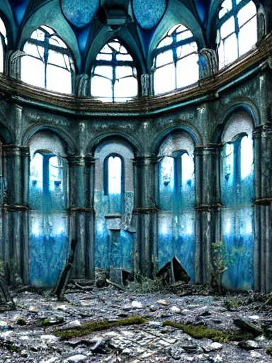 Image similar to interior of an abandoned, overgrown church, blue color palette, photo, digital art, detailed, intricate complexity, artstation