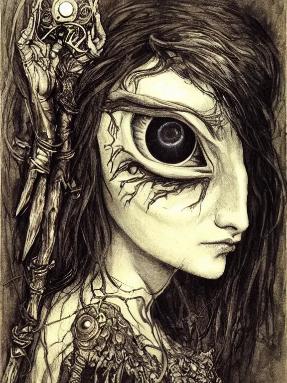 Prompt: 👁 one-eyed fantasy humanoid concept art with one huge eye in the center of the forehead and with smooth skin in place of the nose. Without the nose. Extremely high detail, details, realistic, fantasy art, solo, masterpiece, portrait painting, saturated colors, art by Arthur Rackham, Muzinabu