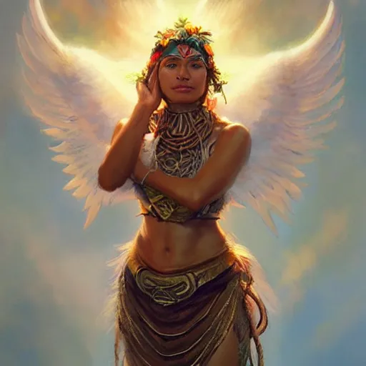 Image similar to Portrait of a Pacific Islander goddess with angel wings, and a glowing halo, white lighting, digital art by Ruan Jia and Mandy Jurgens and Artgerm, highly detailed, trending on artstation, award winning,