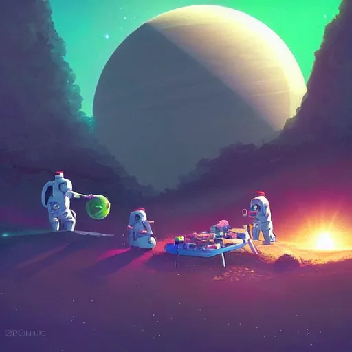 Image similar to Astronauts are having a picnic with green aliens and some dinosaurs on saturn's ring and saturn is as background, by Jordan Grimmer digital art, trending on Artstation,