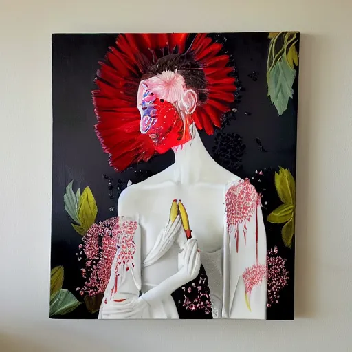 Image similar to “art in an Australian artist’s apartment, portrait of a depressed woman wearing white silk cloth stained by fresh raspberries and strawberries and blueberries, white wax, edible flowers, Japanese pottery, Australian native white and red flowers ikebana, black walls, acrylic and spray paint and oilstick on canvas”