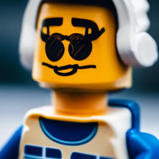 Prompt: closeup shot of lego astronaut that looks kind of like 2 1 savage ( eos 5 ds r, iso 1 0 0, f / 8, 1 / 1 2 5, 8 4 mm, postprocessed, bokeh )