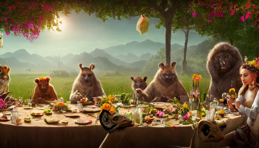 Image similar to a table dinner of exotic animals where animals are dressed like the characters from the midsommar movie wearing flowers, realistic detailed digital art by maxwell boas jessica rossier christian dimitrov anton fadeev trending on artstation cgsociety rendered in unreal engine 4 k hq