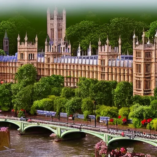 Prompt: the houses of parliament built of sand, surrounded by lush dense forest, hyper realistic, vibrant color, ultra hd