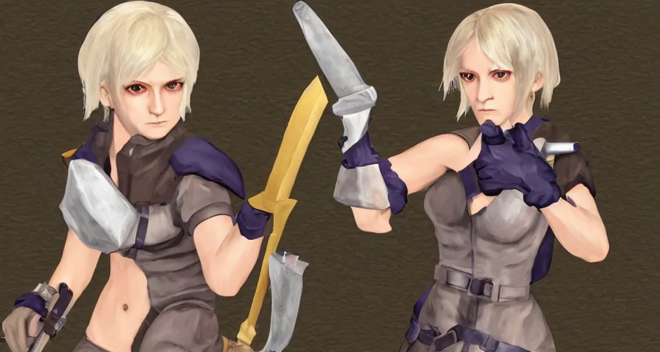 Prompt: Chloe Sevigny NPC wielding a battleaxe in a JRPG, combat gameplay, PS2, 3DCG