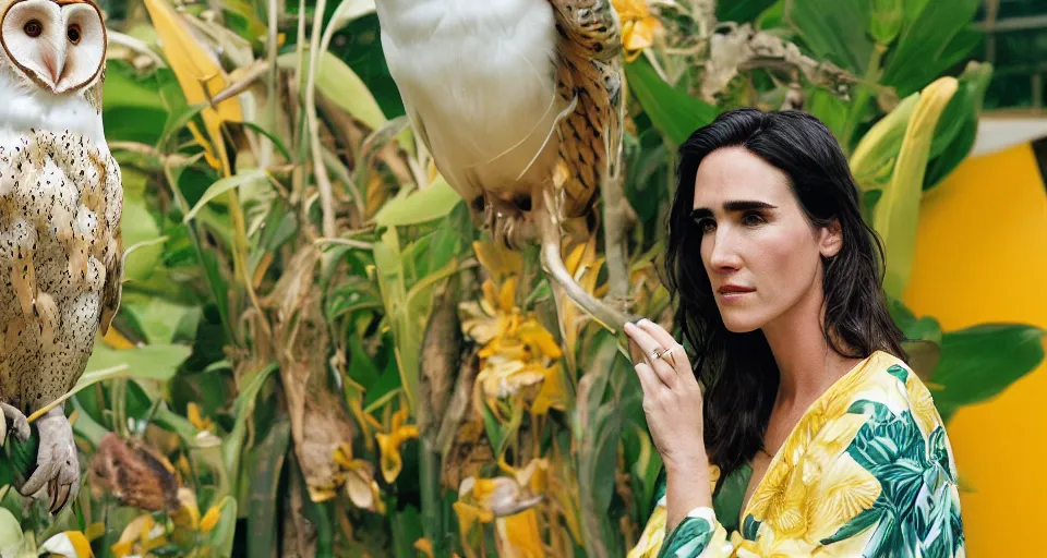 Image similar to Large format Portrait of Jennifer Connelly wearing a yellow kimono in a tropical greenhouse with a very detailed barn owl on her shoulder, medium format camera, 85mm f1.8, bokeh, sharp focus, detailed, centered, editiorial photoshoot, dreamy, elegant