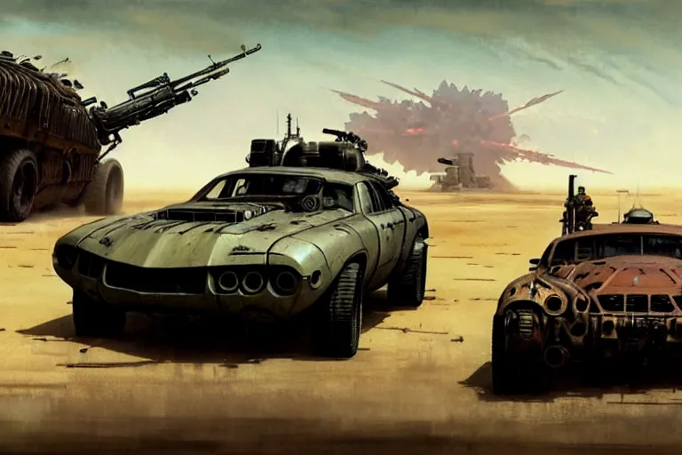 Image similar to dieselpunk mad max avanti with guns installed, painted by greg rutkowski makoto shinkai takashi takeuchi studio ghibli, akihiko yoshida