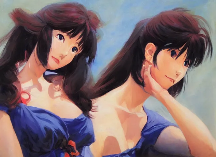 Prompt: a highly detailed beautiful portrait of misato katsuragi anime, by gregory manchess, james gurney, james jean