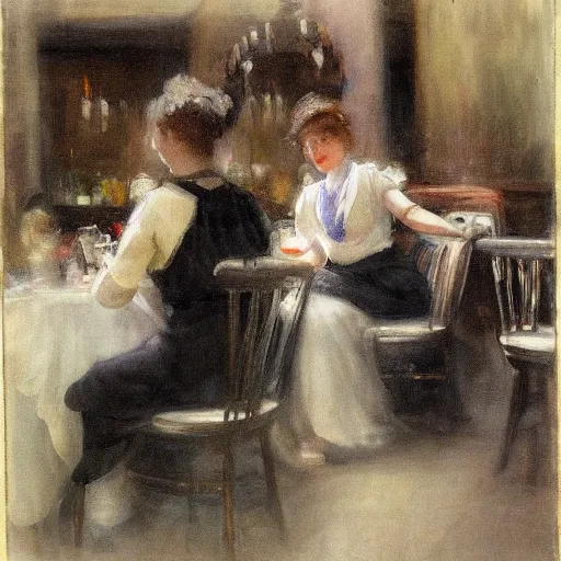 Image similar to two young edwardian women in a cafe in paris, in the style of anders zorn