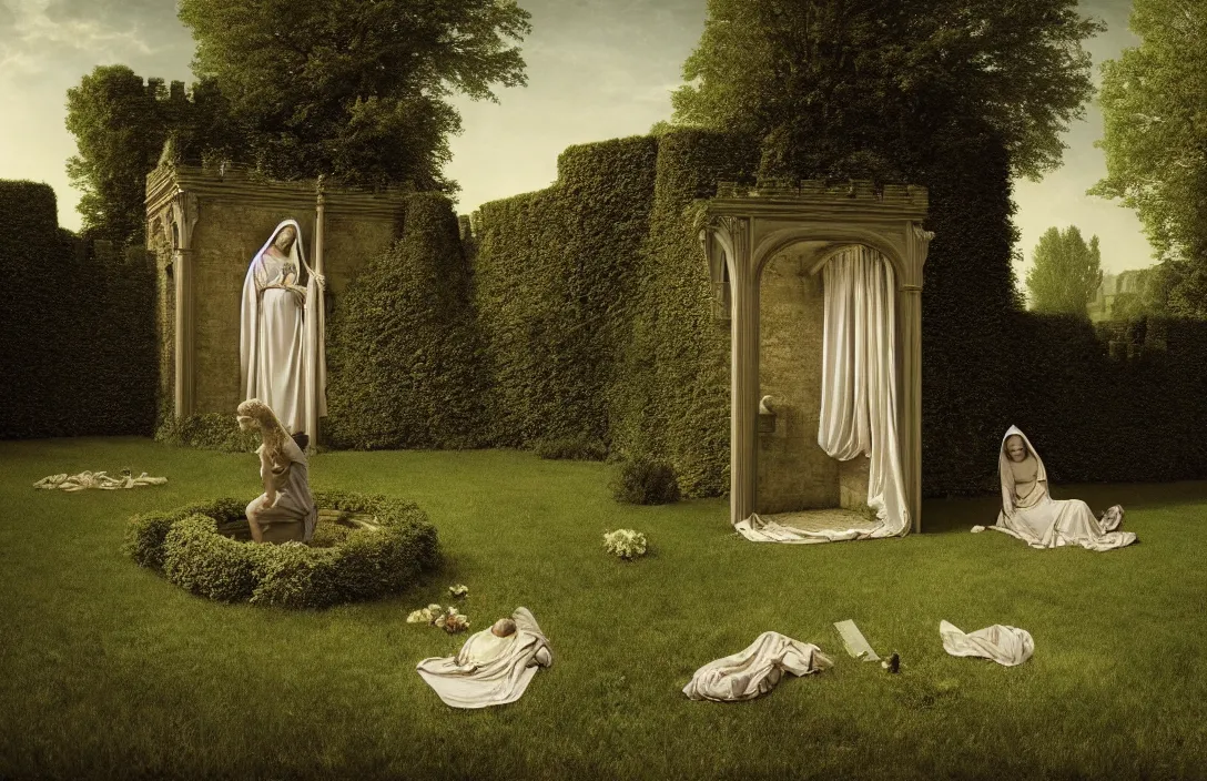Image similar to queen of heaven sequestered corner of a garden within a castle walls the rules of proportion, scale, and perspective are disregarded render by gregory crewdson