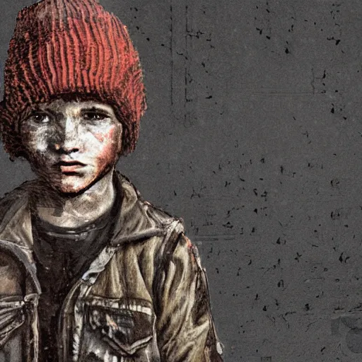 Image similar to detailed half body digital art for a game of a child wearing ragged, heavy and ruined clothes with a winter hat. moody and melanchony. the background is dark.