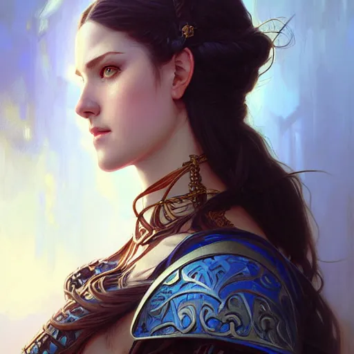 Image similar to Portrait of female warrior, D&D, blue eyes, face, long black hair, fantasy, intricate, elegant, highly detailed, digital painting, artstation, concept art, smooth, sharp focus, illustration, art by artgerm and greg rutkowski and alphonse mucha