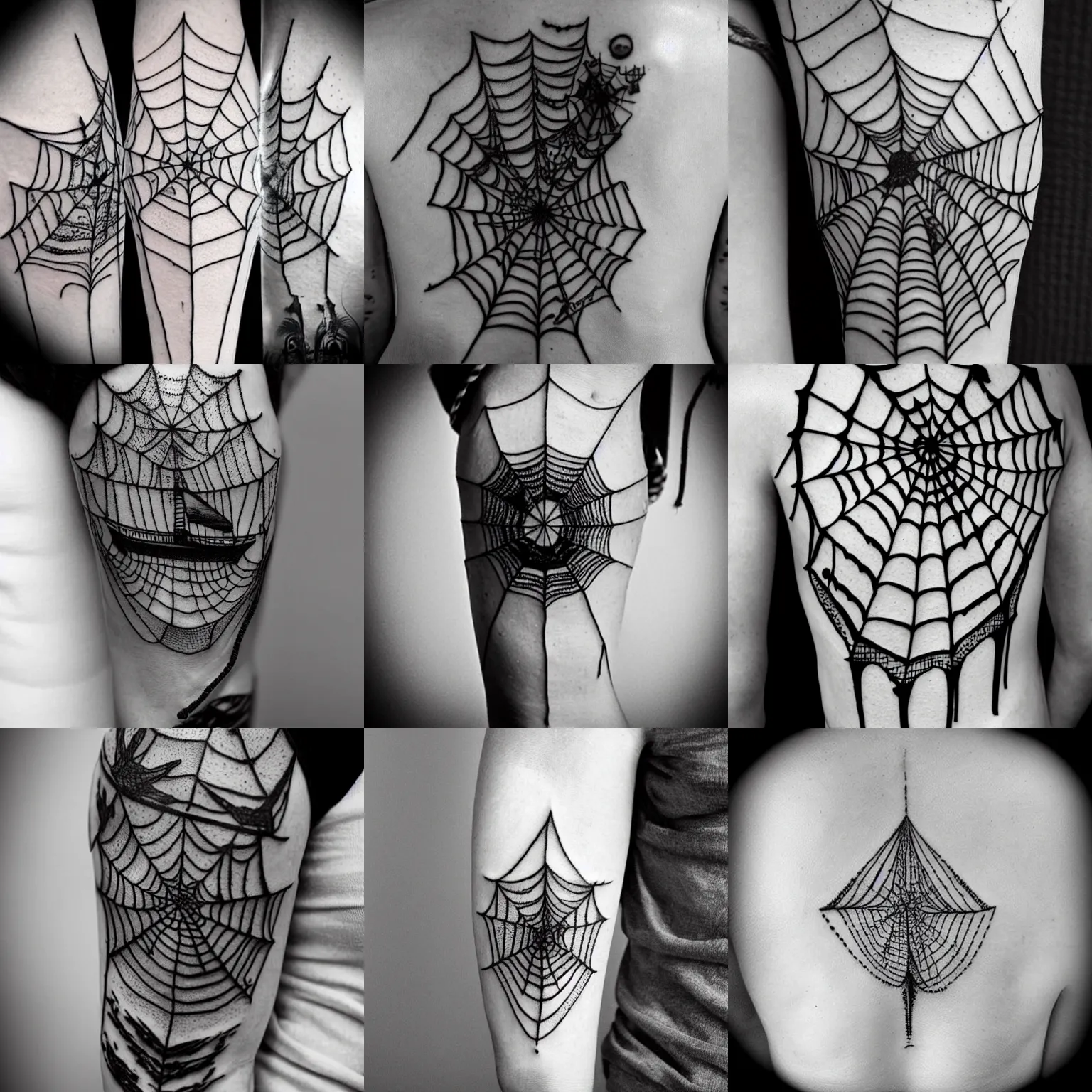 Prompt: ship in spiderweb clothes. black and white tattoo