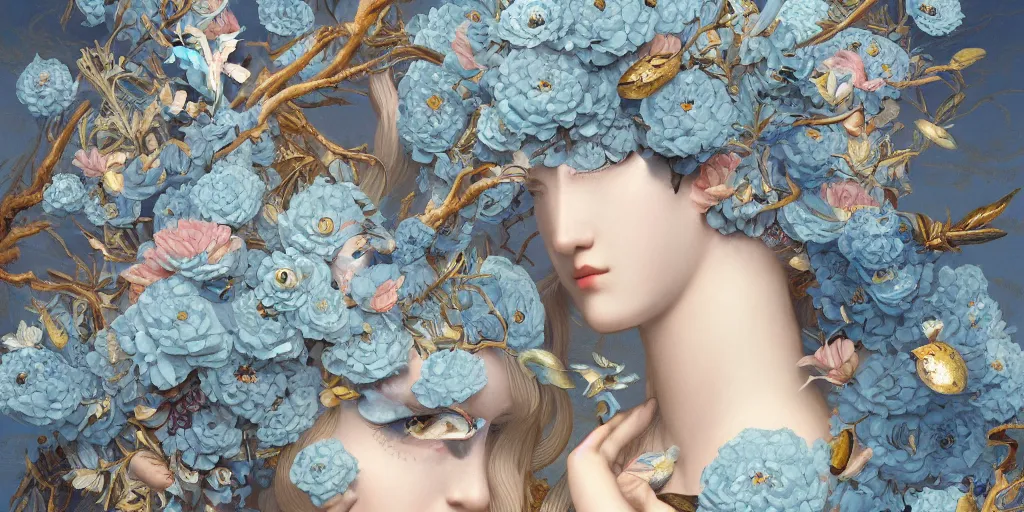 Image similar to breathtaking detailed concept art painting art deco pattern of blonde faces goddesses amalmation light - blue flowers with anxious piercing eyes and blend of flowers and birds, by hsiao - ron cheng and john james audubon, bizarre compositions, exquisite detail, extremely moody lighting, 8 k