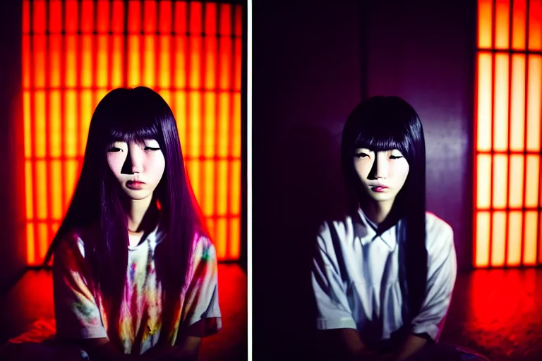 Image similar to photography masterpiece by haruto hoshi and yang seung woo, flash photography, portrait of a young japanese woman with dyed hair sitting in a in a kyabakura night club, shot on a canon 5 d mark iii with a 3 5 mm lens aperture f / 5. 6, dslr, hd, full res, 4 k