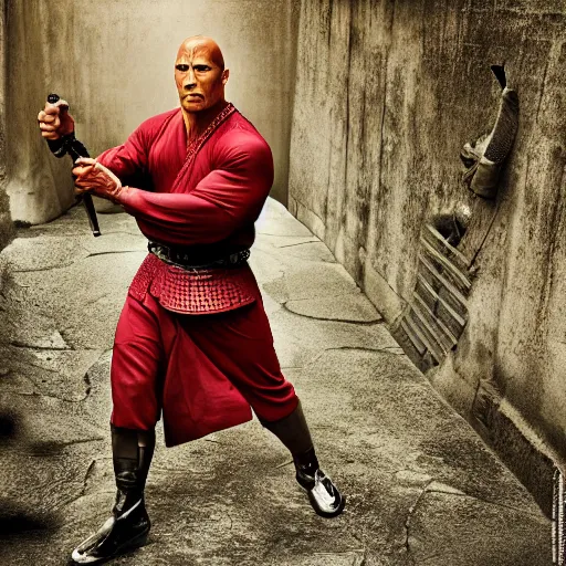 Image similar to Dwayne Johnson as samurai , photograph, natural light, sharp, detailed face, magazine, press, photo, Steve McCurry, David Lazar, Canon, Nikon, focus