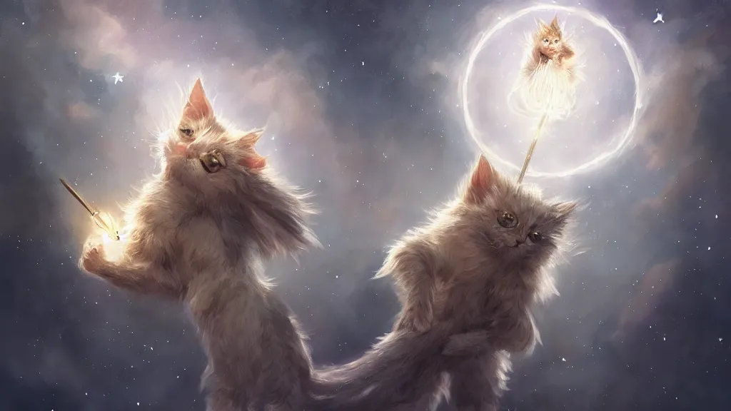 Image similar to one cartoonish kitten dressed as Gandalf floating in space, bright stars, anime, a fantasy digital painting by Greg Rutkowski and James Gurney, trending on Artstation, highly detailed