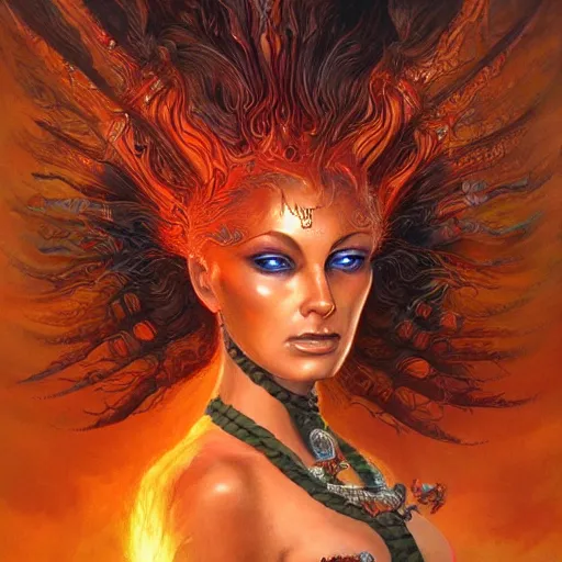 Prompt: A stunning painting of a fire goddess by Jim Burns, fantasy, Trending on artstation.